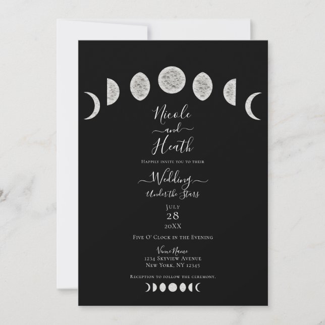 Invitation Ciel de Nuit Noire Phases de Lune Mariage de Soiré (Devant)
