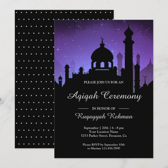 Invitation Ciel de nuit pourpre Nuits arabes Aqiqah (Devant / Derrière)