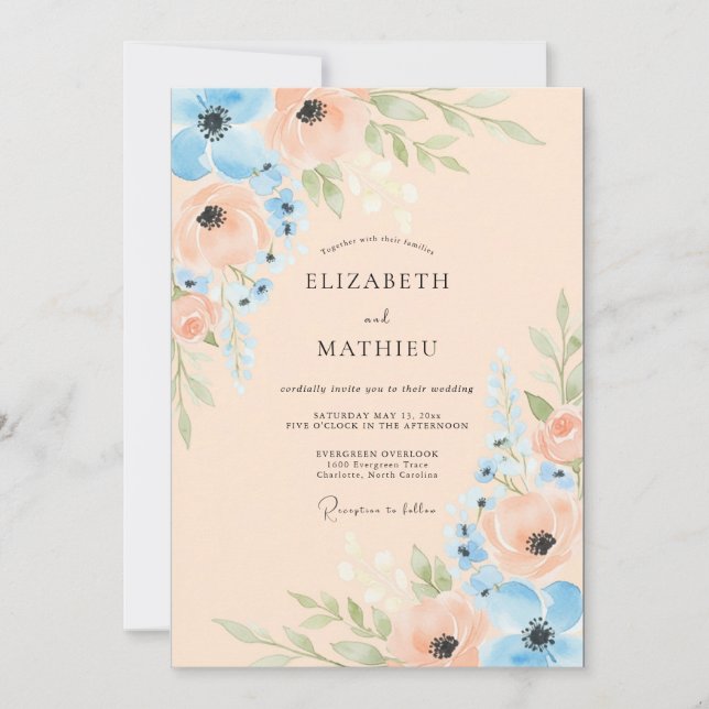 Invitation Ciel de pêche bleu mariage printanier immaculé (Devant)