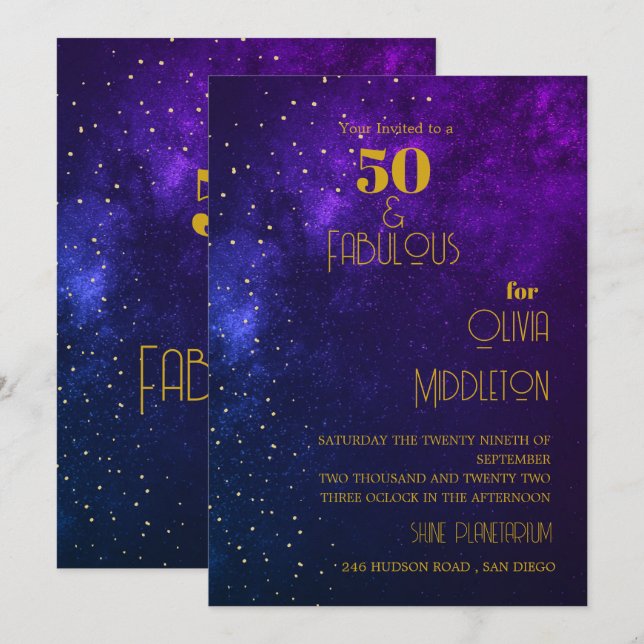 Invitation Ciel de soirée astral or pour 50e anniversaire ave (Devant / Derrière)