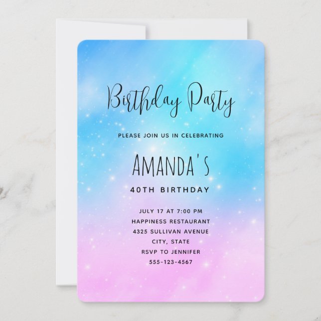 Invitation Ciel dégradé pastel rose et bleu pour anniversaire (Devant)