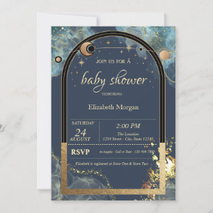 Invitation Ciel Doré Soleil Lune Paillettes Dorées Baby Showe