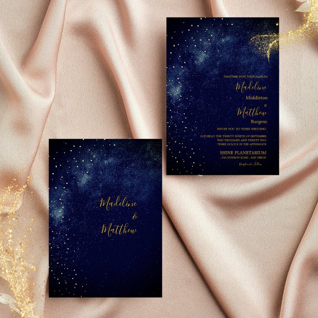 Invitation Ciel du Soir Astral Or  Étoiles Bleues  Mariage (Créateur téléchargé)