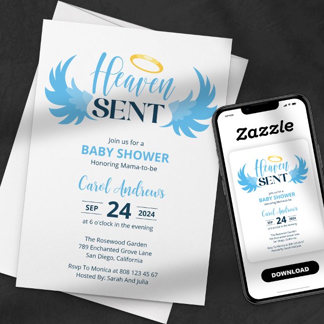 Invitation Ciel Envoyé Bébé Garçon Fête Prénatale Ailes d'Ang (Créateur téléchargé)