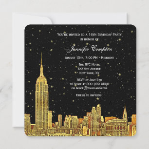 Invitation Ciel étoilé SQ Sweet 16 avec skyline de NYC doré