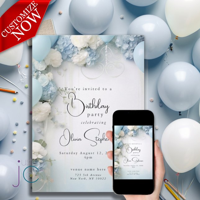 Invitation Ciel festif bleu blanc fleurs et ballons (text us easy to customize )