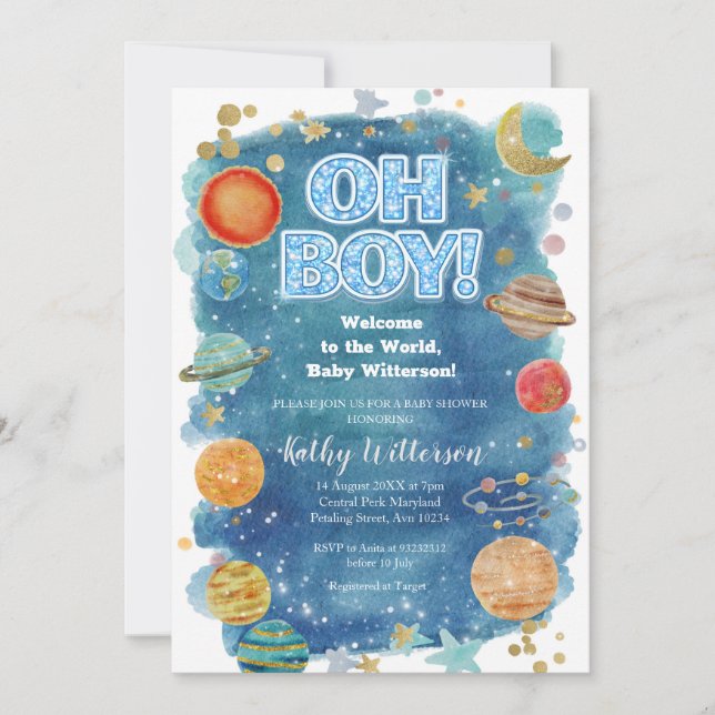 Invitation Ciel Lune Planète Espace Baby Shower  (Devant)