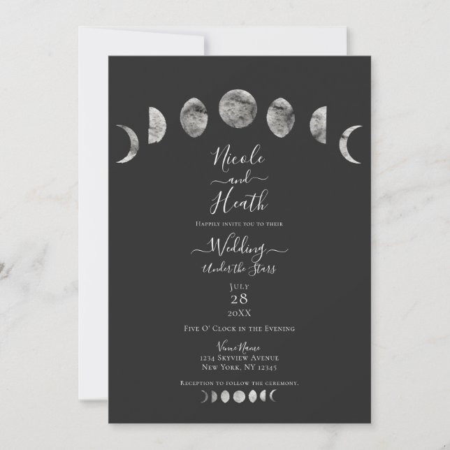 Invitation Ciel noctis gris phases de lune aquarelle mariage  (Devant)