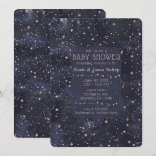 Invitation Ciel nocturne étoilé bleu et rose pour une baby sh