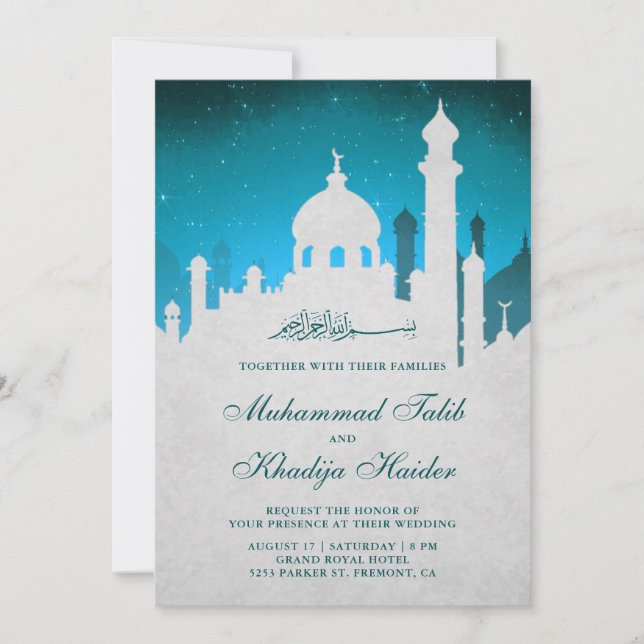 Invitation Ciel nocturne sarcelle Mariage arabe islamique mus (Devant)