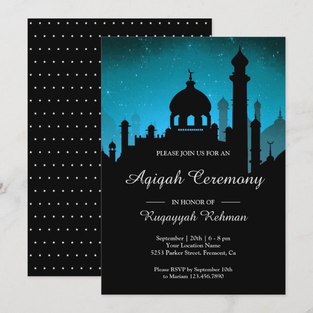 Invitation Ciel nocturne sarcelle Nuits arabes Aqiqah (Devant / Derrière)