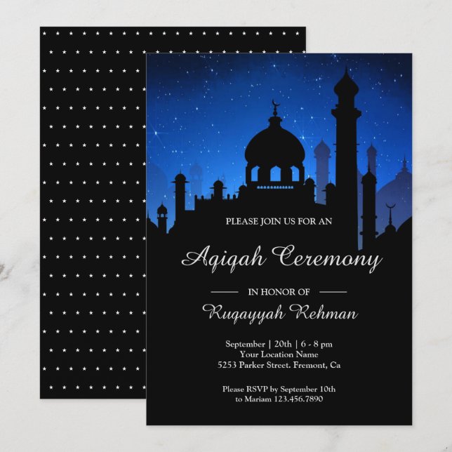 Invitation Ciel Nuit Bleu Nuits Arabes Aqiqah (Devant / Derrière)