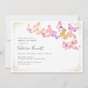 Invitation Ciel papillon Coral Gold Confetti Sweet 16