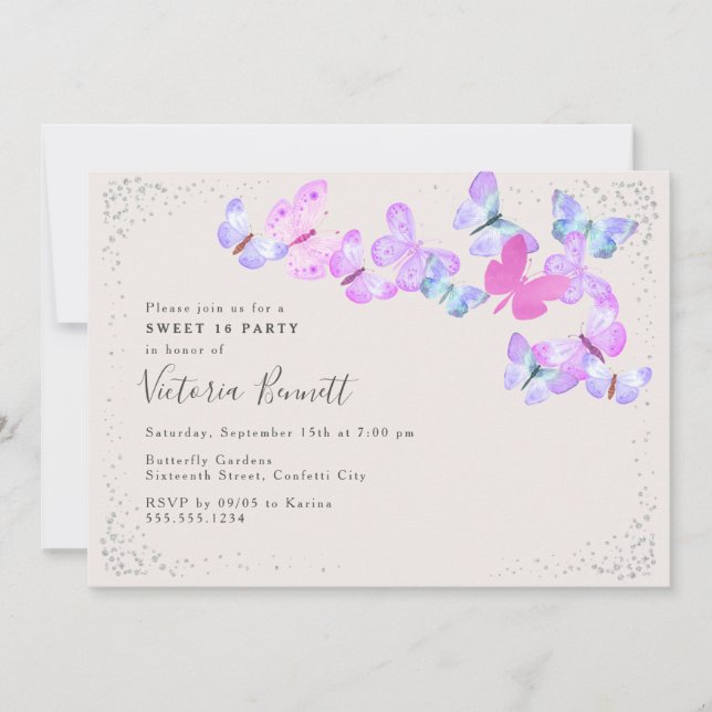 Invitation Ciel papillon rose Argent Confetti Sweet 16 (Devant)