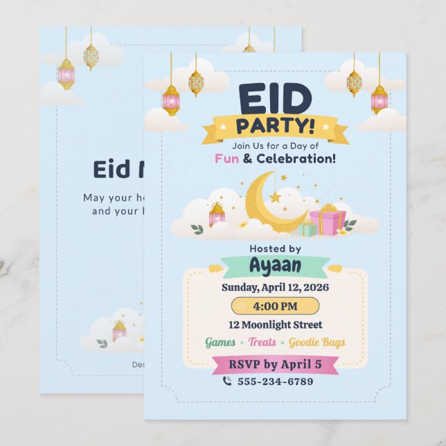 Invitation Ciel Pastel Bleu Fête Eid Enfants Lune & Lanternes (Devant / Derrière)