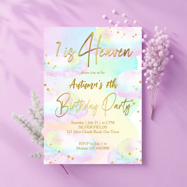 Invitation Ciel pastel nuages arc-en-ciel anniversaire (7th Heaven pastel rainbow ombre clouds birthday party invitation cards template)