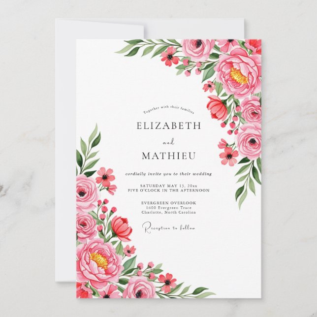 Invitation Ciel Rose Corail de Mariage de Pivoine (Devant)