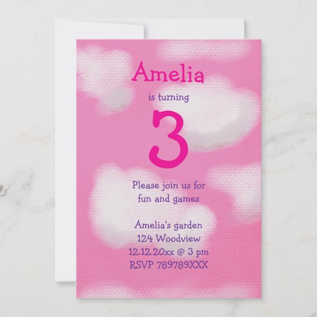 Invitation Ciel rose et nuages moelleux Anniversaire (Devant)