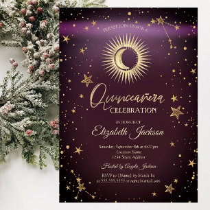 Invitation Ciel Sol,Lune,Etoiles Quinceanera Bourgogne