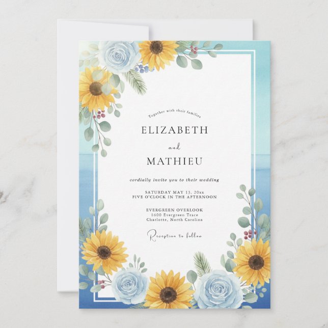 Invitation Ciel Tournesol Jaune Eucalyptus Mariage (Devant)