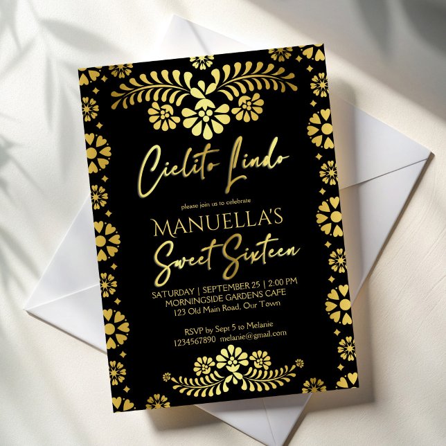 Invitation Cielito lindo black gold Mexican sweet 16 birthday (Cielito lindo black and gold Mexican sweet 16 birthday party Invitation cards template)