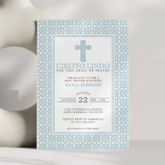 Invitation Cielito Lindo Croix Florale Religieuse Bleu Garçon