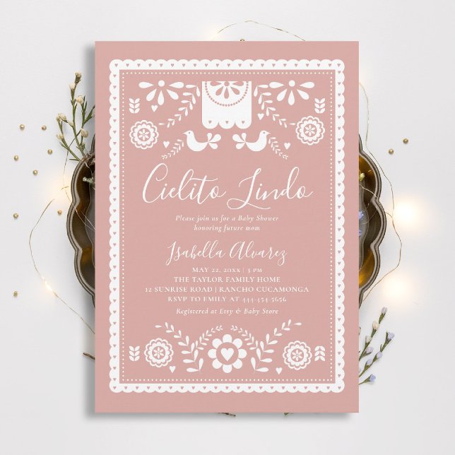 Invitation Cielito Lindo Pink Papel Picado Baby Shower (cielito lindo baby shower invitation mexican papel picado pink rancho fiesta elegant classy)