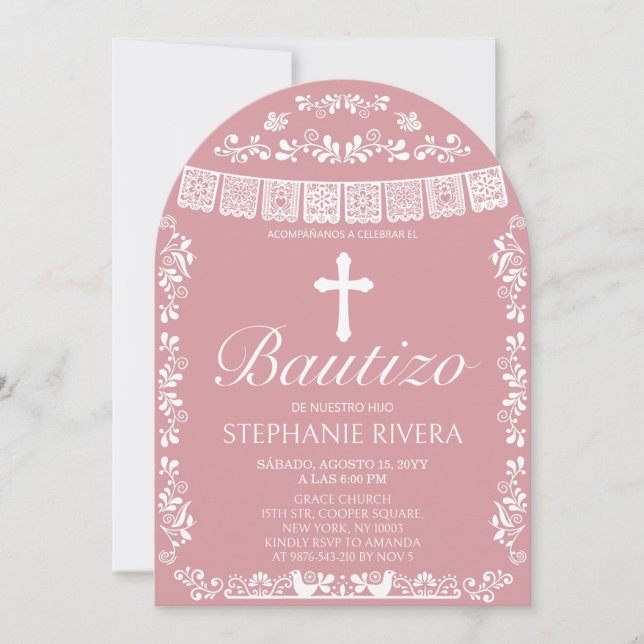 Invitation Cielito Lindo Rose Pâle Arche de Baptême (Devant)