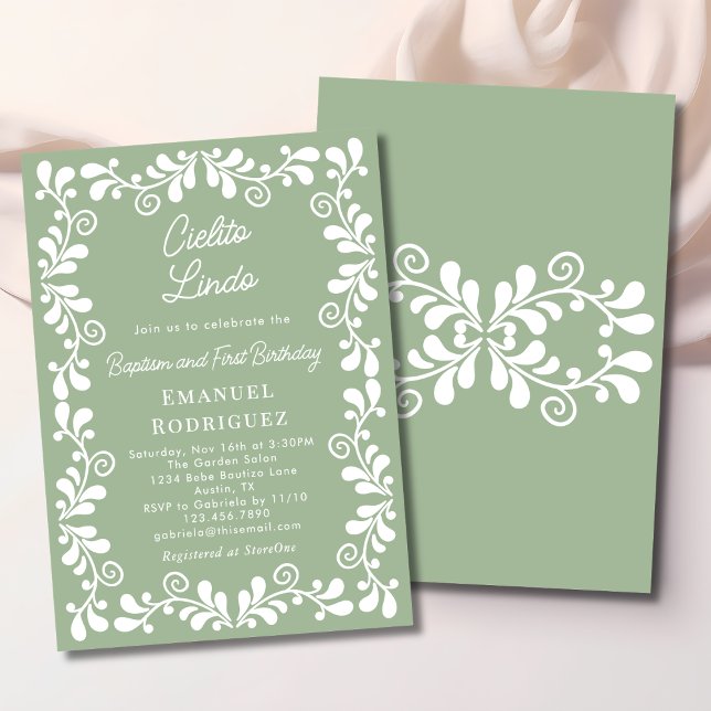 Invitation Cielito Lindo Vert Sauge Baptême & Premier Anniver (Créateur téléchargé)