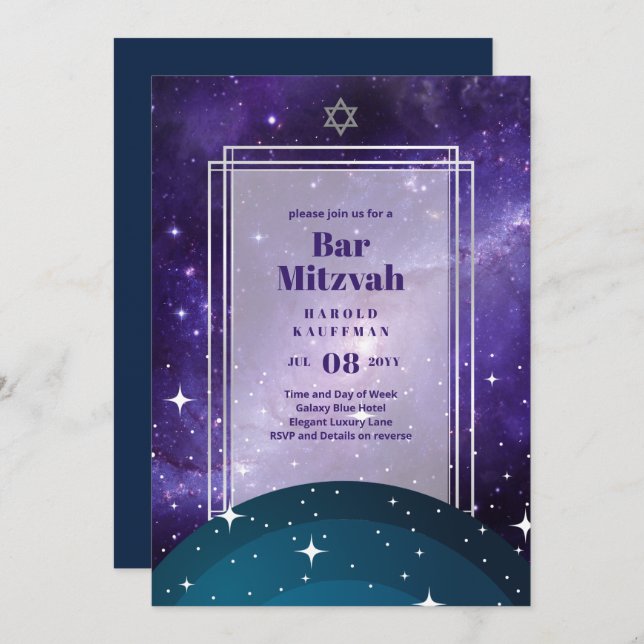 Invitation Ciels au-dessus du BAR MITZVAH Galaxy Blue Gold El (Devant / Derrière)