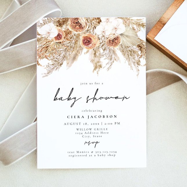 Invitation CIERA Boho Terracotta Baby shower Floral Pampas (Créateur téléchargé)
