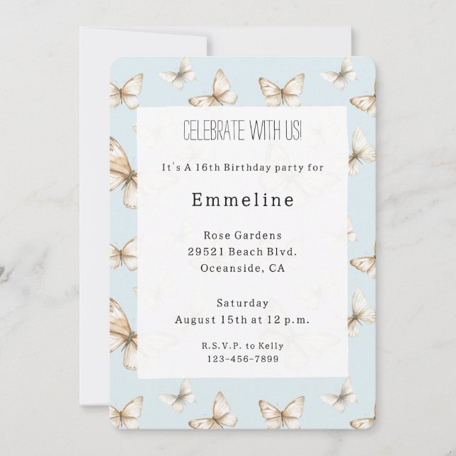 Invitation Cieux bleus et papillons Anniversaire (Devant)