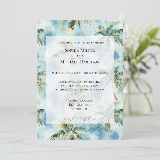 Invitation Cieux Bleus Île Tropicale Palmiers Mariage (Debout devant)