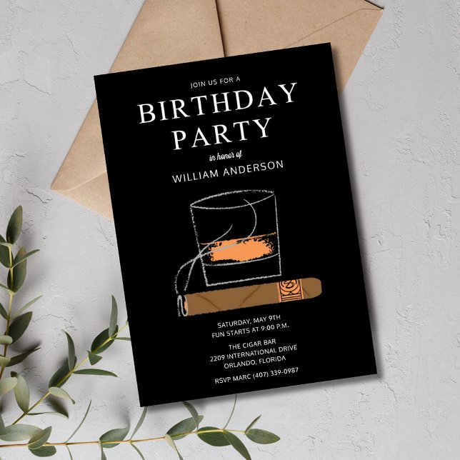 Invitation Cigar et Whisky, fête d'anniversaire (Cigar and Whisky Men's Birthday Party Invitation)
