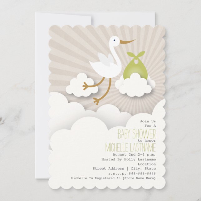 Invitation cigogne dans le Baby shower des nuages - Vert (Devant)