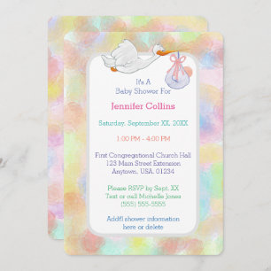 Invitation Cigogne en pastel d'aquarelles avec le baby shower