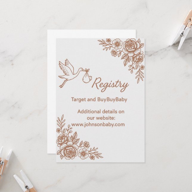 Invitation cigogne et registre floral rustique (Devant/Arrière en situation)