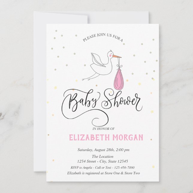 Invitation Cigogne mignonne étoiles Baby Shower   (Devant)