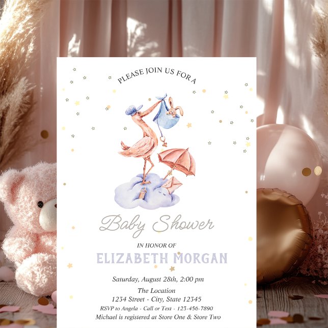 Invitation Cigogne mignonne étoiles Baby Shower   (Créateur téléchargé)