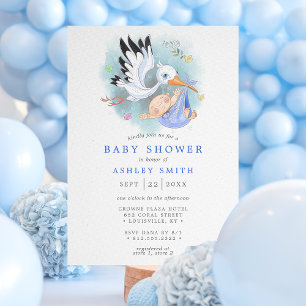 Invitation Cigogne Oiseau Aquarelle Bleue Baby Shower Moderne