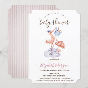 Invitation Cigogne Petit Lapin Rayures Roses Baby Shower