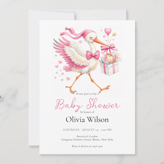 Invitation Cigogne Rose Avec Bébé (Devant)
