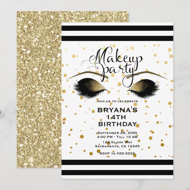 Invitation Cils Maquillage Glam Gold Beauté Points de Fête (Devant / Derrière)