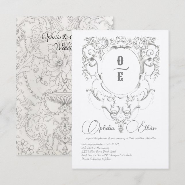 Invitation Cimetière de Monogramme gris victorien mariage (Devant / Derrière)