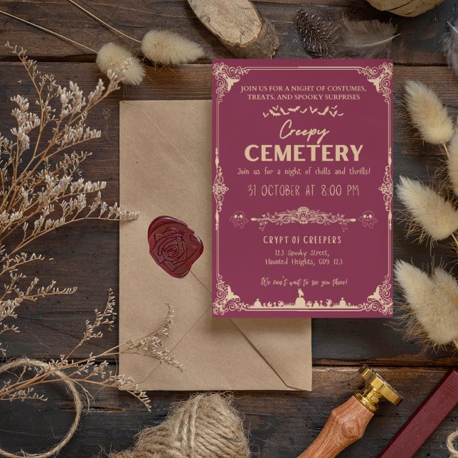 Invitation Cimetière déplaisant Rose foncé avec Orange brun (Creepy Cemetery Dark Pink with Peach-Orange Invitation Cover from The Beekeeper Store)