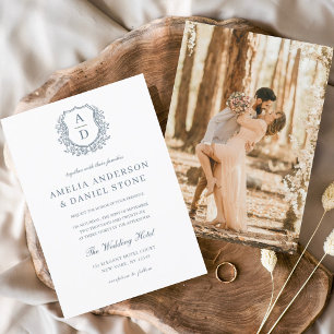 Invitation Cimetière Floral bleu Dusty Monogramme Mariage Élé