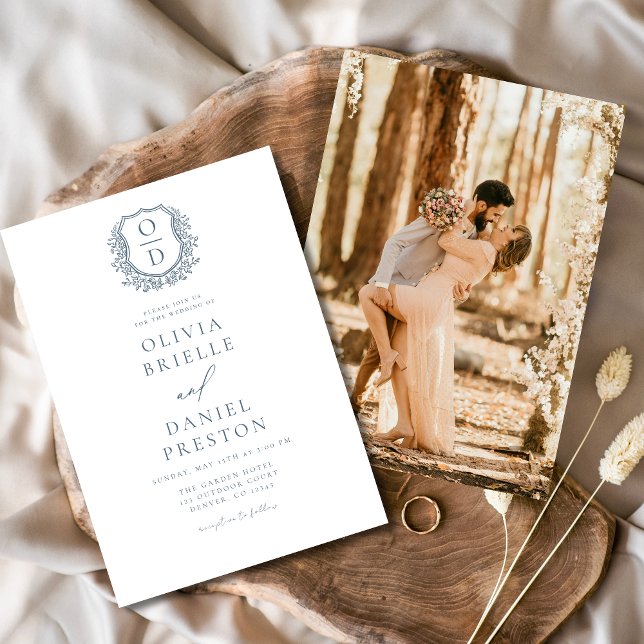 Invitation Cimetière Floral bleu Dusty Monogramme Mariage Élé (Créateur téléchargé)