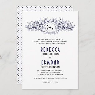 Invitation Cimetière héraldique bleu marine avec initiales ma