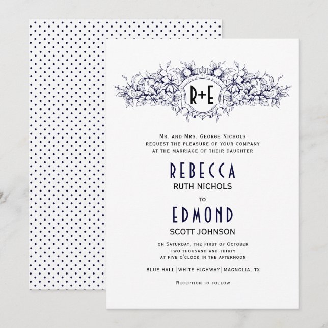 Invitation Cimetière héraldique bleu marine avec initiales ma (Devant / Derrière)