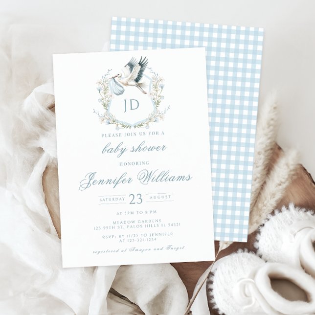 Invitation Cimier bleu avec cigogne et fleurs Baby Boy Douche (Créateur téléchargé)